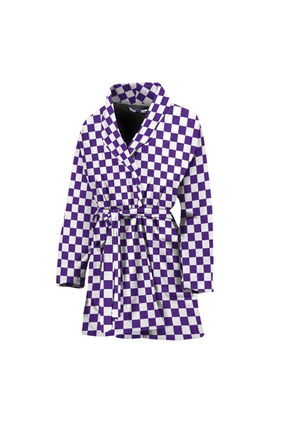 Purple And White Checkered Pattern Women Bathrobe One Size Univeral Fits, Checkered Caro Plaid Tartan Fashion Lightweight Plush Fleece Long Robe For Women