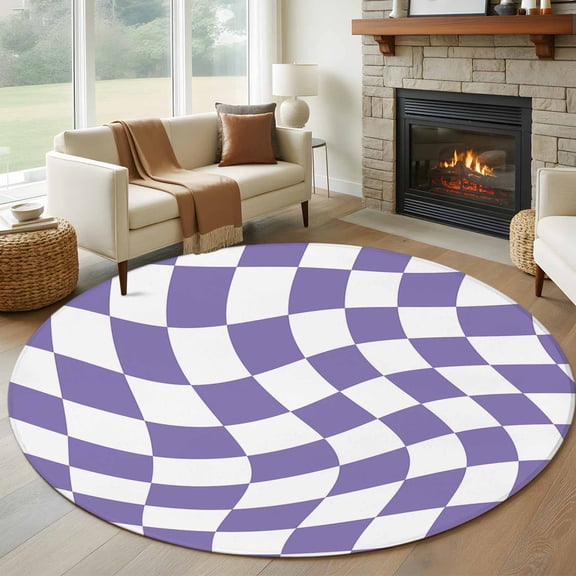 Purple White Checkered Round Area Rug 5 FT, Non Slip Bedroom Area Rug, Modern Irregular Geometric Washable Soft Circular Carpet Non-Shedding Floor Mat for Kitchen Dining Room Foyer Balcony Dorm