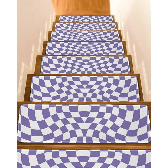 Purple White Checkered Stair Treads for Wooden Steps Indoor Runner Rug Carpet, Modern Irregular Geometric 4 Pieces Peel and Stick Staircase Step Treads Covers Washable Throw Door Mats, 30"x8"