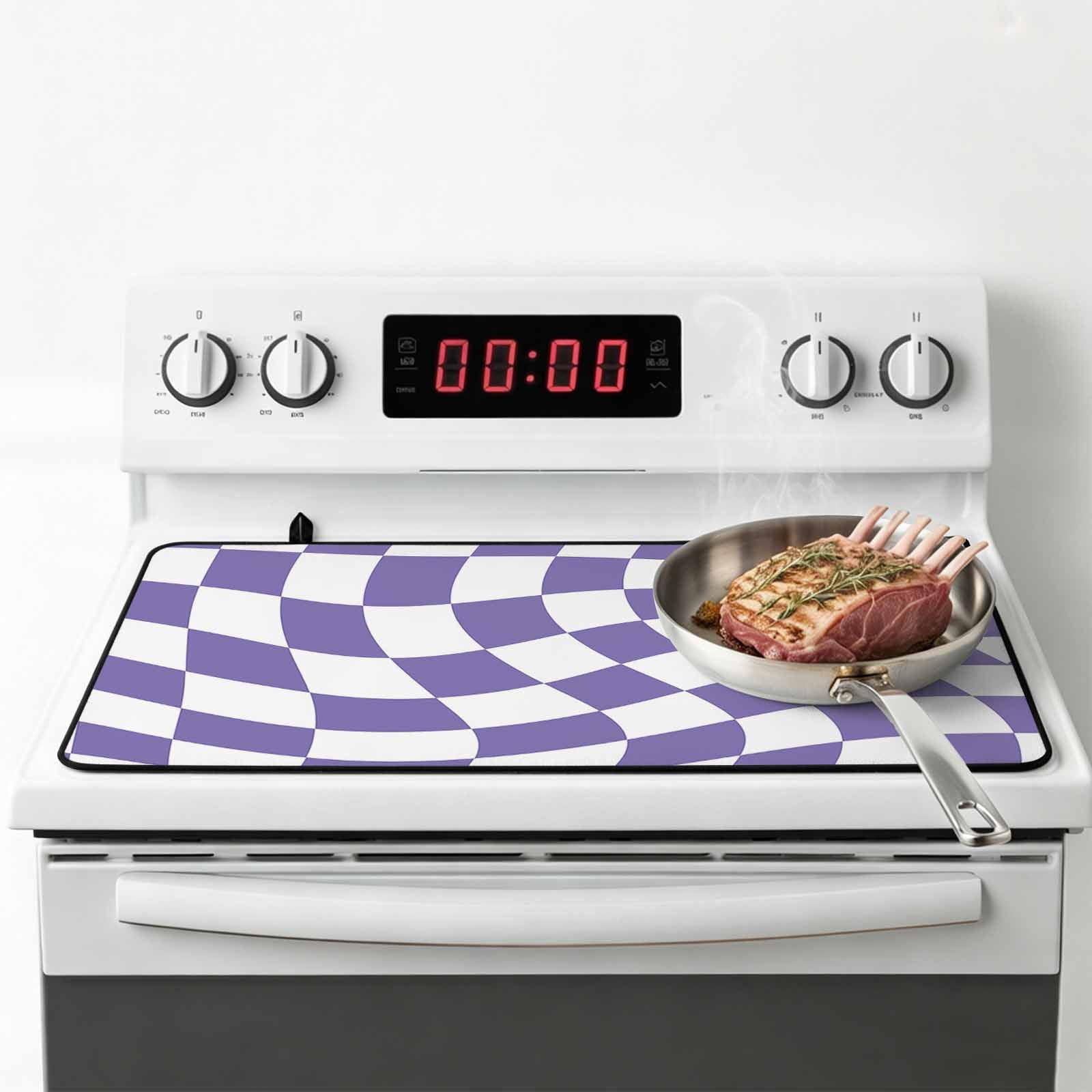 Purple White Checkered Stove Top Cover for Electric Stove, Heat-proof & Non Slip Glass Top Stove Cover Protector, Modern Irregular Geometric Kitchen Flat Cooktop Rubber Mat 24x21 Inches