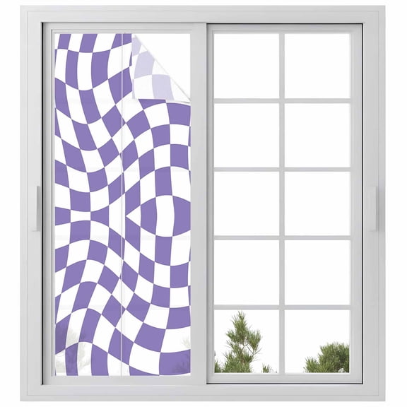 Purple White Checkered Window Privacy Film, Modern Irregular Geometric Static Cling UV Sun Blocking Heat Control Window Tint Day and Night, Non-Adhesive One Way Windows Privacy Cover 23.6''x59''