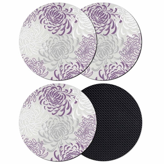 Purple White Coasters Set of 4, Soft Absorbent Coasters for Drinks, Abstract Grey Chrysanthemum Flower Floral Non-Slip Cup Coaster Mat with Rubber Bottom for Home Kitchen Coffee Bar Table Decor 4"
