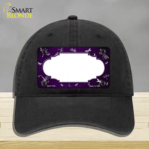 Purple White Dragonfly Scallop Oil Rubbed Novelty License Plate Hat Unconstructed Cotton Black