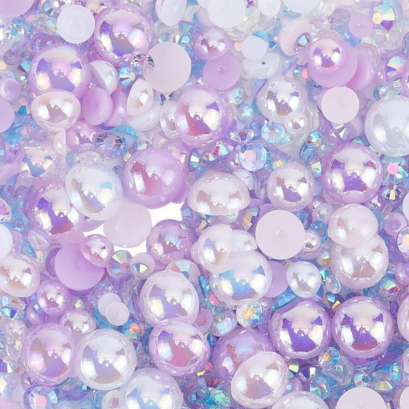 Purple White Flatback Pearls and Rhinestones 4mm-9mm Mix Resin Rhinestones Half Round Pearls for Crafts Tumblers Shoes Face Nail Art Bottle Decoration Photo Album Decorative DIY