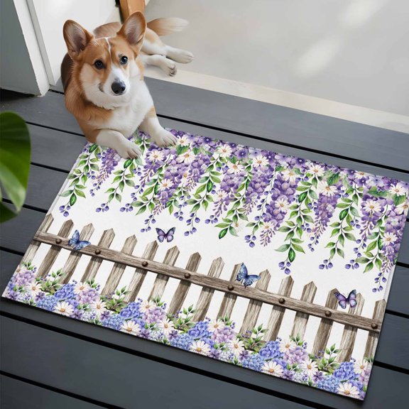 Purple White Floral Front Door Rugs 2x3 ft Watercolor Spring Butterfly Lavender Green Leaf Wood Fence Small Rug for Entryway Non Slip Washable Door Mat Absorbent Floor Mat for Indoor Entrance