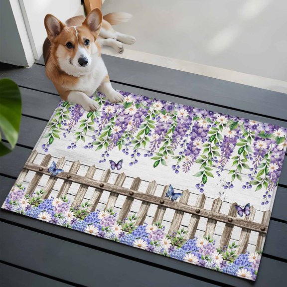 Purple White Floral Front Door Rugs 2x3 ft Watercolor Spring Butterfly Lavender Wood Fence Wooden Grain Small Rug for Entryway Non Slip Washable Door Mat Absorbent Floor Mat for Indoor Entrance