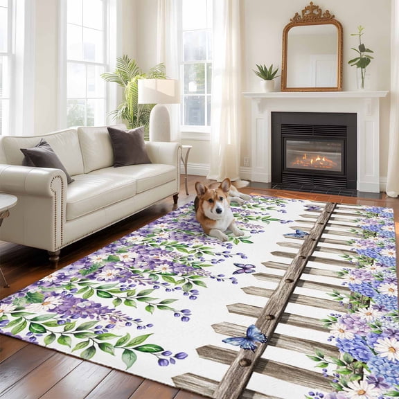 Purple White Floral Large Area Rugs 5x8 ft Watercolor Spring Butterfly Lavender Green Leaf Wood Fence Washable Rug Non Slip Indoor Carpet Absorbent Floor Mat for Living Room Bedroom Dining Room