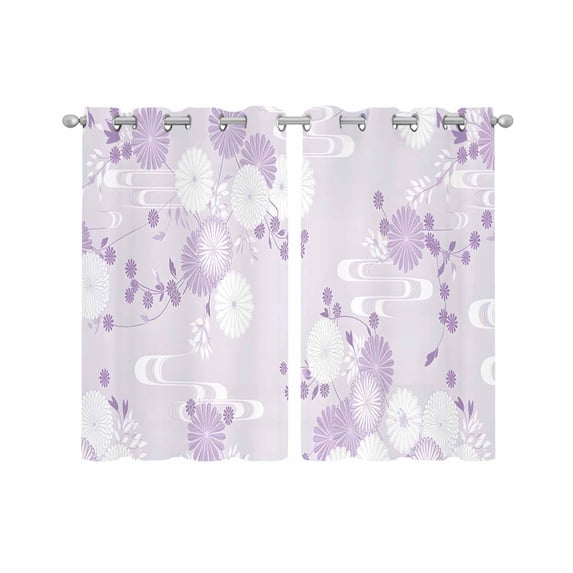 Purple White Floral Sheer Curtains 39 Inch Length 2 Panels Set for Living Room/Bedroom, Spring Botanical Leaves Farmhouse Kitchen Curtains Grommet Semi-Sheer Curtains Window Treatments 27.5"x39"x2