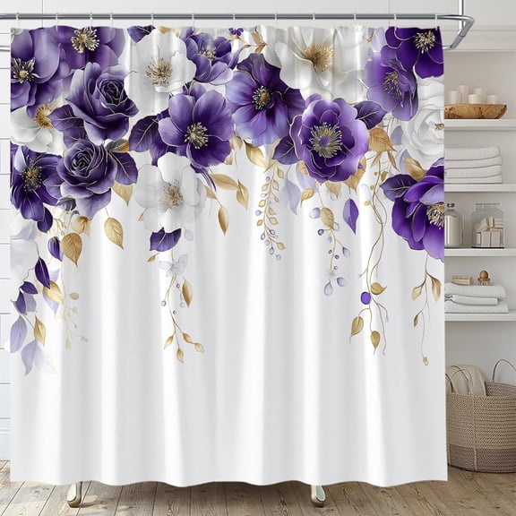 Purple and White Floral Shower Curtain Purple Flower Watercolor Plant Rose Eucalyptus Leaf Spring Summer Botanical Fabric Bathroom Curtain Set with Hooks 36"W x 72"L (Pack of 1)