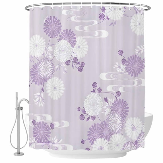 Purple White Floral Shower Curtain, Waterproof Shower Curtains for Bathroom, Spring Botanical Leaves Farmhouse Washable Fabric Bathtub Curtain Set Bath Decor with 12 Hooks 48"x72"