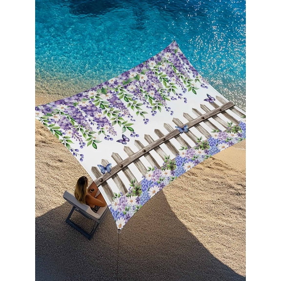 Purple White Floral Sun Shade Sail 6.5' x 10', Watercolor Spring Butterfly Lavender Green Leaf Wood Fence Rectangle Outdoor Sunshade Canopy, Waterproof UV Block Patio Covers for Garden Yard Beach