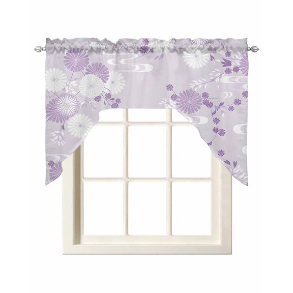 Purple White Floral Swag Valances for Windows, Small Curtains Drapes, Spring Botanical Leaves Farmhouse Kitchen Window Curtains Over Sink Window Treatment Valance for Bedroom/Bathroom 56"x36"