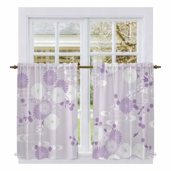 Purple White Floral Tier Curtains 54 Inch Length, Spring Botanical Leaves Farmhouse Cafe Short Curtains for Bathroom Over Sink, Small Kitchen Curtain Light Filtering Drapes 2 Panels 27.5"Wx54"L