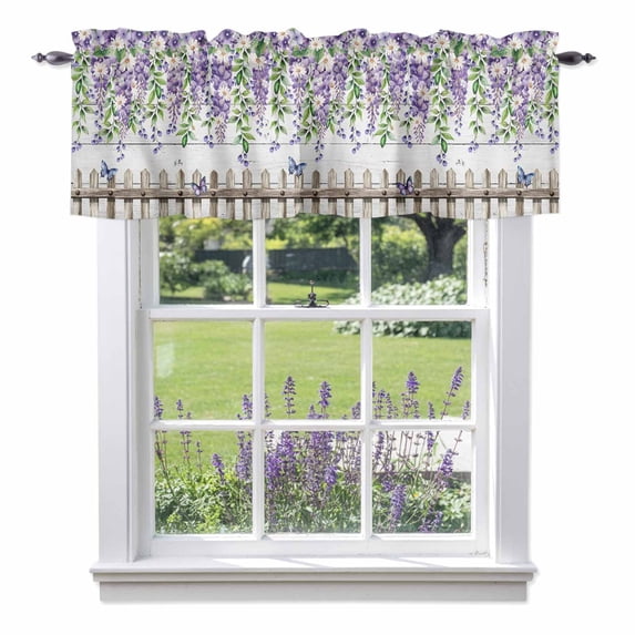 Purple White Floral Valance Curtain for Windows Watercolor Spring Butterfly Lavender Wood Fence Wooden Grain Rod Pocket Curtain Valances Short Window Treatments for Kitchen Bathroom 60 x 14 Inch