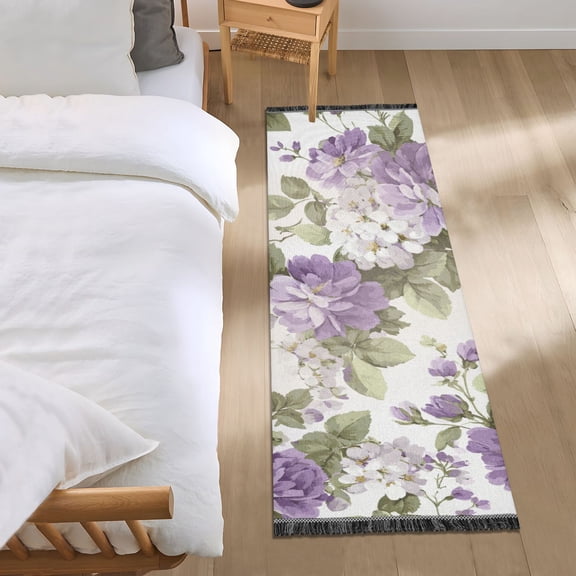 Purple White Florals Light Green Leaves Bedside Runner Rug 2'x 6' Non Slip Carpet Floor Mat Area Rug