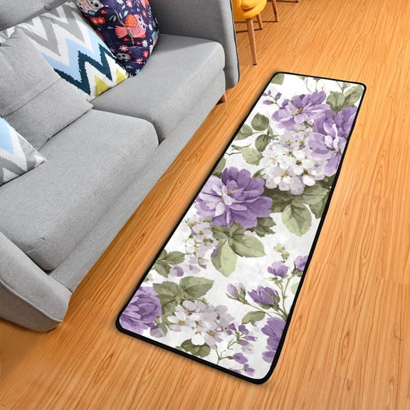 Purple White Florals Light Green Leaves Long Floor Mat Runner Rug Area Mat Noise Reduction Water Absorbent Non-Slip 72" x 24"