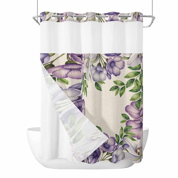 Purple White Flowers No Hooks Shower Curtain with Snap-in Liner Spring Plants Green Leaf Watercolor Linen Texture Shower Curtains for Bathroom, Waterproof, Easy Install, Washable 48"x72"