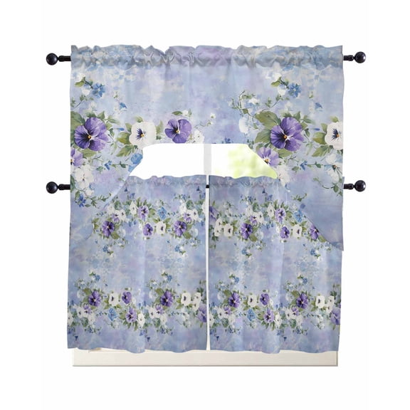 Purple White Flowers Kitchen Curtains Swag Valance and Tier Curtains Set 24 Inch Length, Spring Farmhouse Botanical Floral Rod Pocket Drape Panels Pair Swag Curtain for Bathroom/Cafe/Window