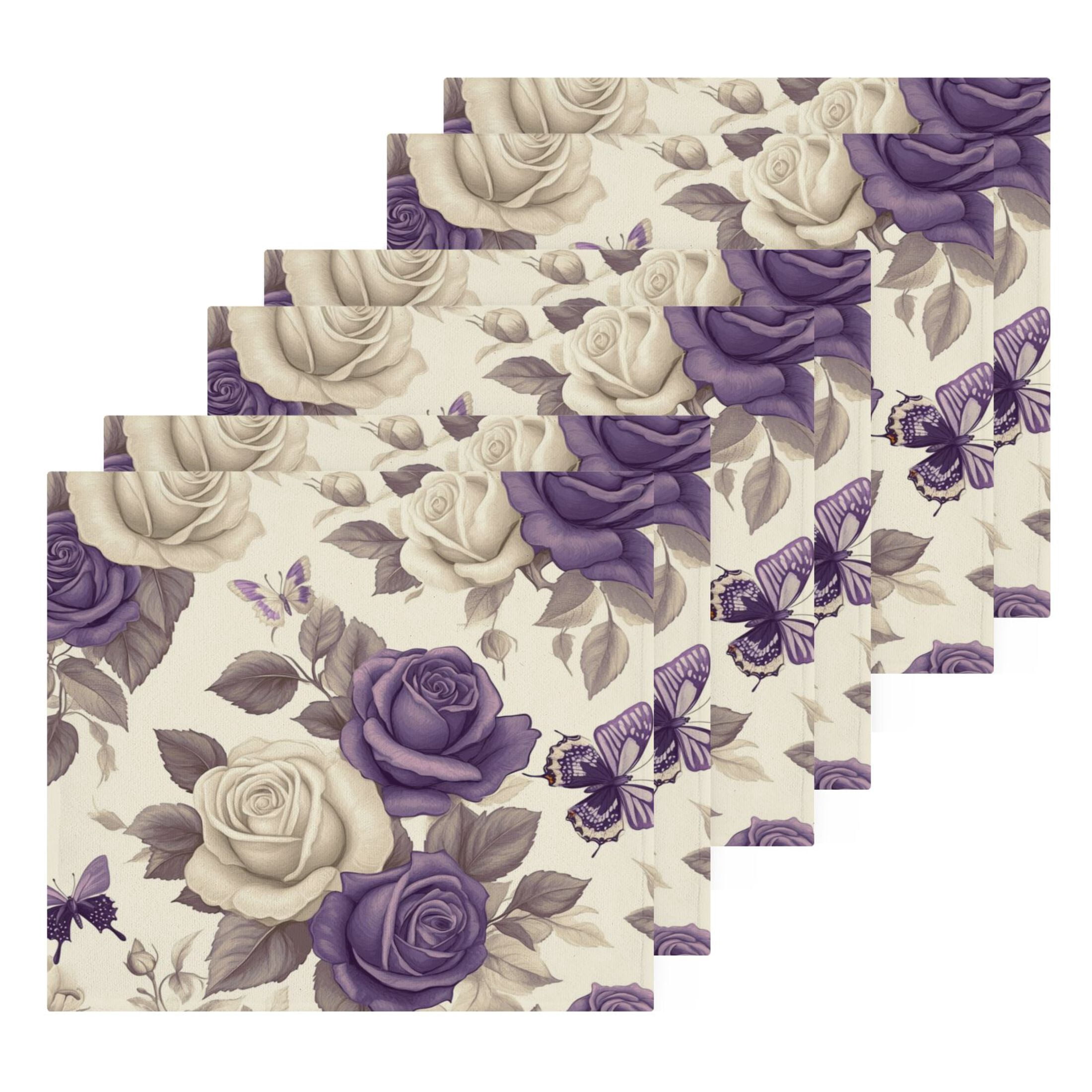 Purple White Flowers Pattern 100% Cotton Face Towel 12x12in Soft Absorbent Washcloth Durable Printed Hand Towels for Bathroom Travel 6 Pcs