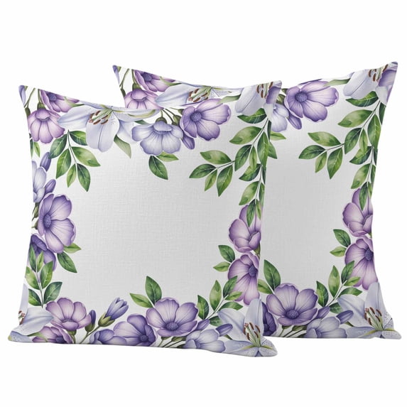 Purple White Flowers Pillow Covers 2 Pack Spring Plants Green Leaf Watercolor Pillowcase Waterproof Outdoor Throw Pillow Cover for Patio Garden Square Cushion 26”x26”