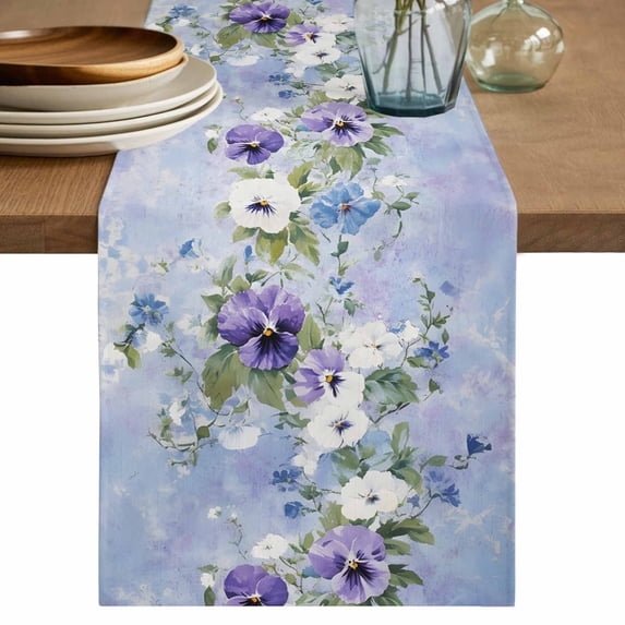 Purple White Flowers Table Runner 90 Inches Long,Spring Farmhouse Botanical Floral Cotton Linen Table Runners Dresser Scarves,Fabric Tabletop Scarf Furniture Cover for Home Dinner Party 13"x90"
