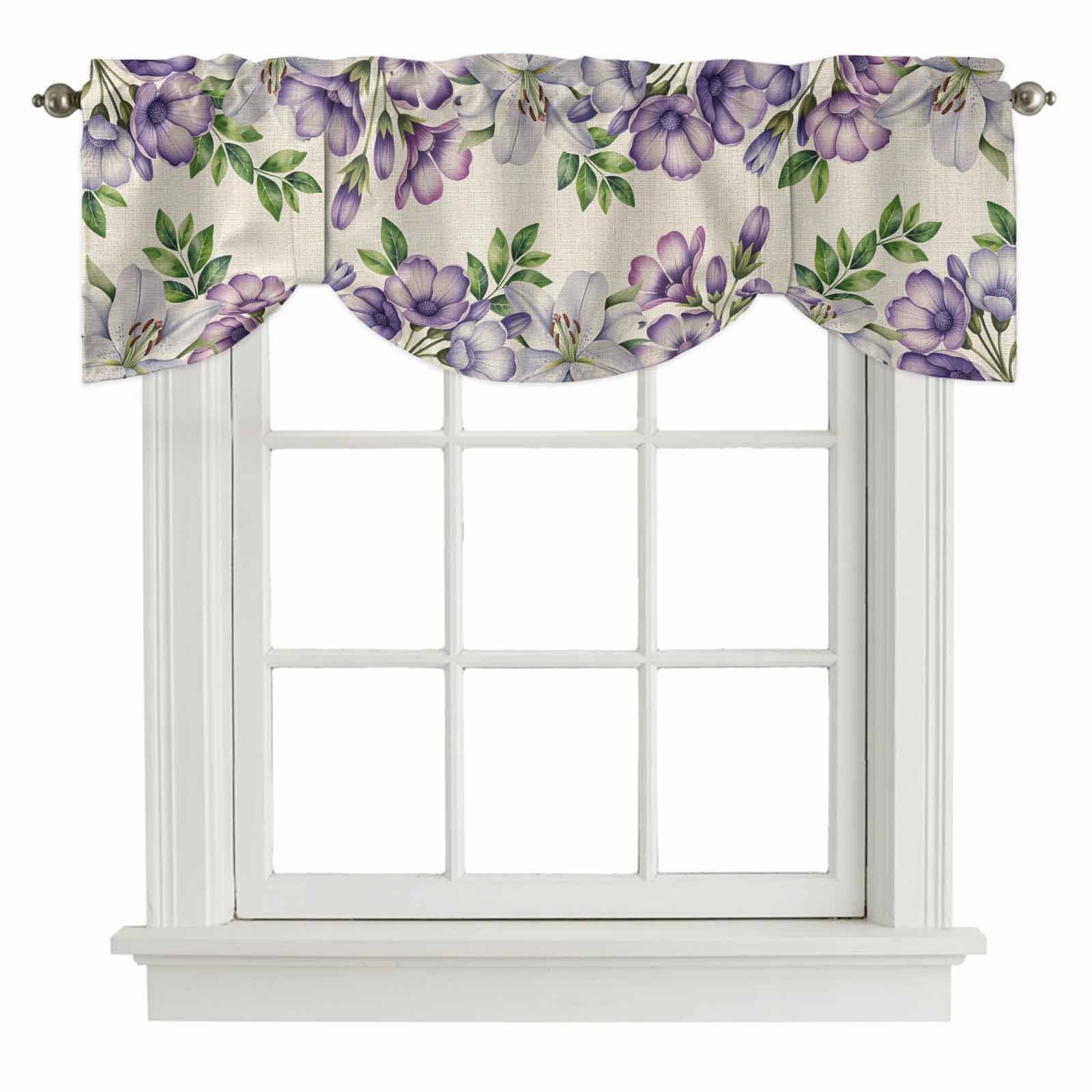 Purple White Flowers Tie Up Valance for Windows, Spring Plants Green Leaf Watercolor Linen Texture Adjustable Rod Pocket Tie Up Valance Curtains for Kitchen Bathroom Bedroom 60 X 18 Inch