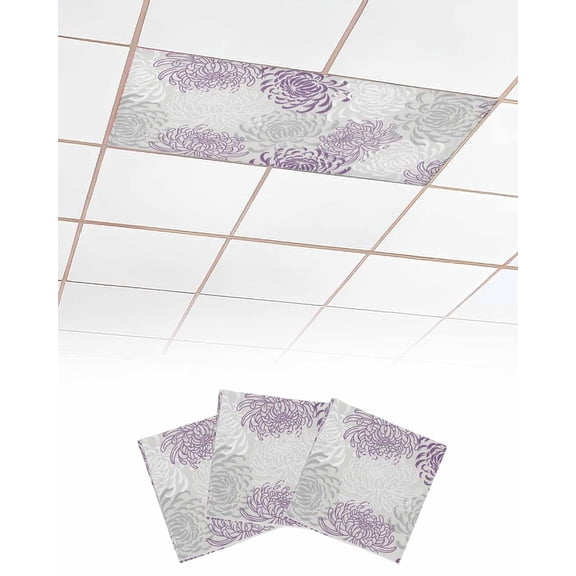 Purple White Fluorescent Light Covers for Ceiling Lights 4x2 feet,3 Pack Magnetic Light Filters for Classroom,Abstract Grey Chrysanthemum Flower Floral Fluorescent Light Shade Panel for Office