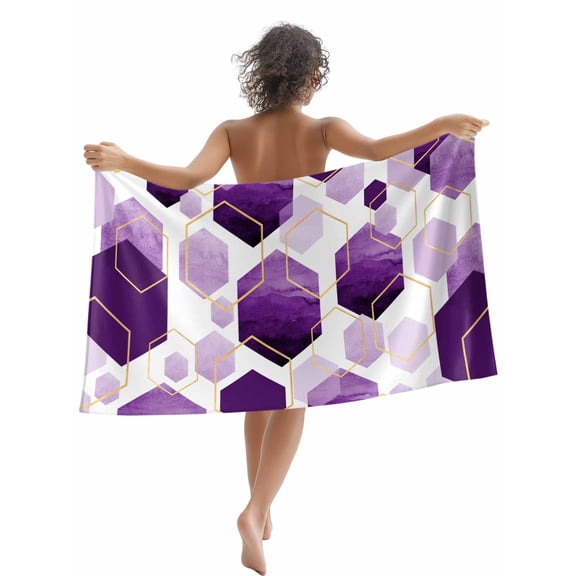 Purple White Gold Geometric Beach Towels Blanket Soft & Absorbent Quick Dry Microfiber Modern Abstract Hexagon Pattern Pool Towels for Swimming ,Yoga, Sports, Gym, Camping,Large 30X60in,