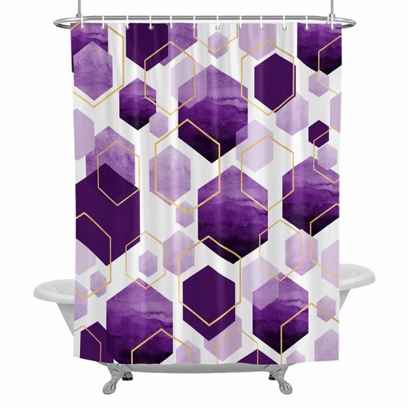 Purple White Gold Geometric Shower Curtain Set with Hooks, Modern Abstract Hexagon Pattern Waterproof Fabric Bathroom Curtains Decor Home Accessories,72 X 72 Inch Long