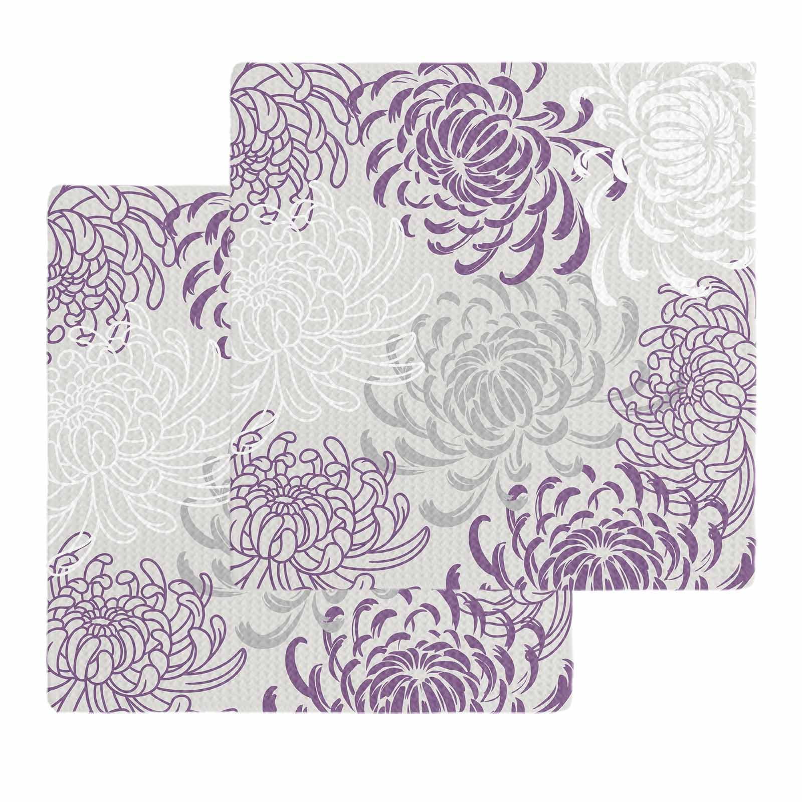 Purple White Kitchen Dish Towels for Drying Dishes Set of 2, Abstract Grey Chrysanthemum Flower Floral Waffle Weave Microfiber Hand Tea Bathroom Towels Quick Dry & Absorbent Towel 12x12