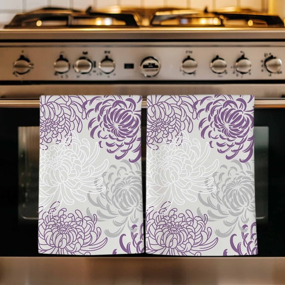 Purple White Kitchen Towels Set of 2, Abstract Grey Chrysanthemum Flower Floral Absorbent Dish Towels for Kitchen, Microfiber Hand Towel, Quick Drying Tea Towel for Cleaning Decorative Dishcloths