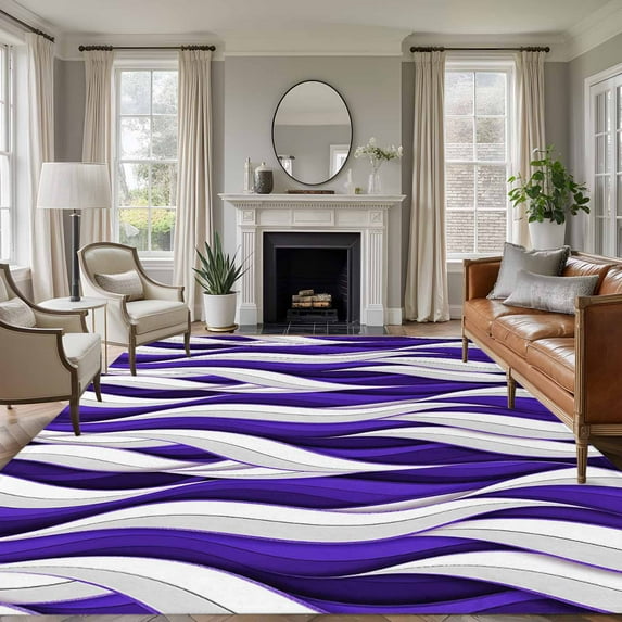Purple White Moire Area Rugs 6'x9', Washable Small Throw Rugs for Kitchen Dining room, Modern Abstract Art Elegant Indoor Outdoor Rug Non-Slip Low Pile Carpet Runner Reversible Floor Mats