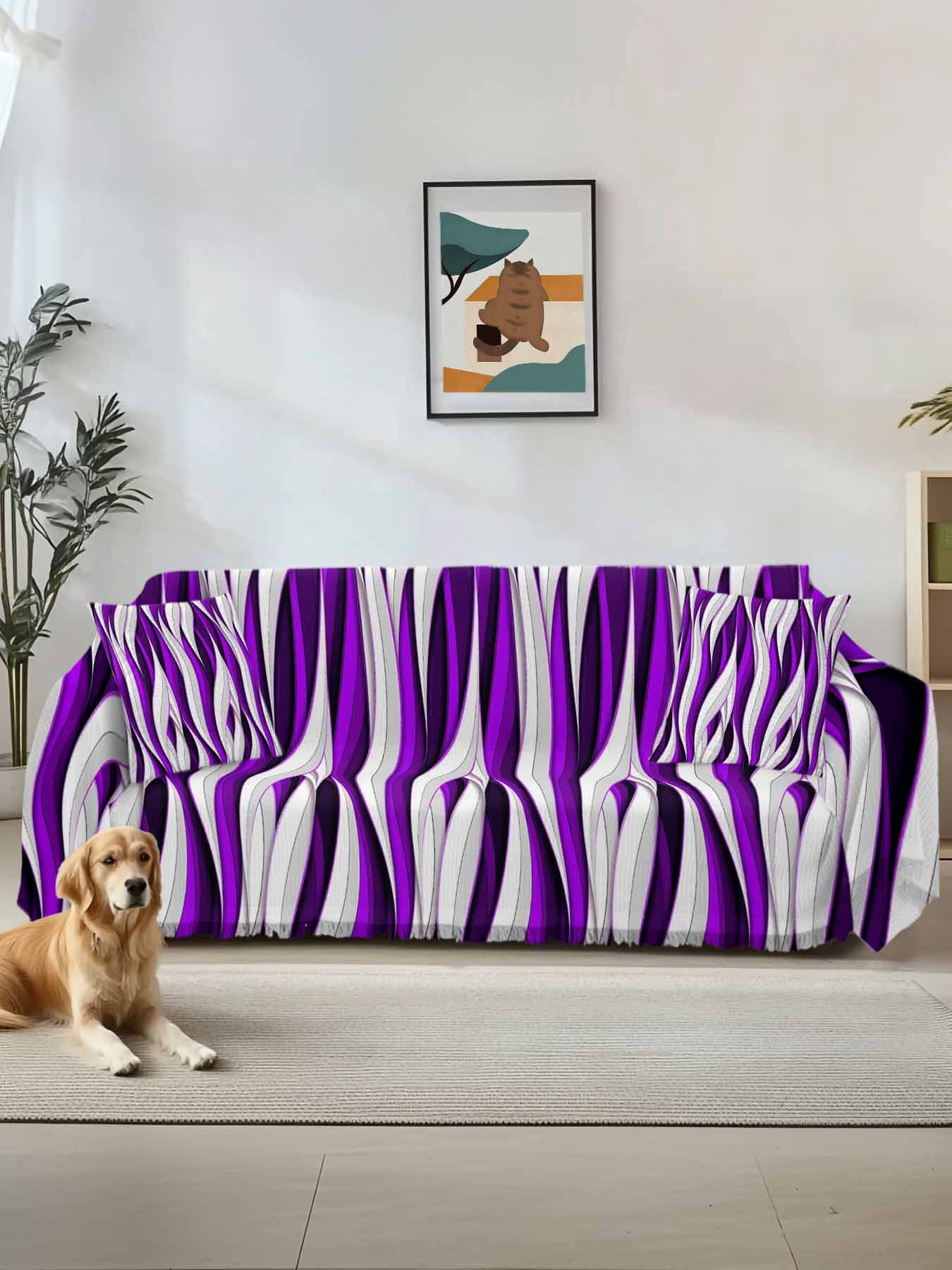 Purple White Moire Couch Cover, Modern Abstract Art Sofa Cover Blanket for Loveseat Couches,Sectional Sofa Slipcover Furniture Protector for Living Room Bedroom 71''x118''
