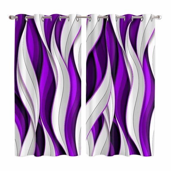 Purple White Moire Kitchen Curtains 63 Inch Length, Modern Abstract Art Grommet Top Bedroom Living Room Curtains, Light Filtering Cafe Curtain Drapes 2 Panels Set 84''x63''