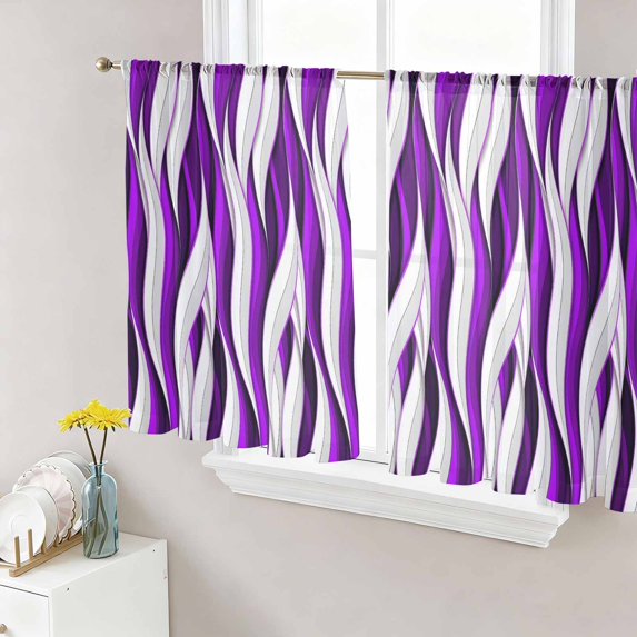 Purple White Moire Semi Sheer Curtains 54 Inch Length 2 Panels Set, Modern Abstract Art Sheer Kitchen Curtain Privacy Voile Window Curtain for Living Room Bedroom Rod Pocket Drapes
