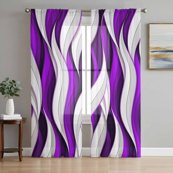 Purple White Moire Sheer Curtains 63 Inch Length 2 Panels Set - Light Filtering Window Treatments, Modern Abstract Art Rod Pocket Semi Curtains for Living Room/Bedroom/Kitchen Décor, 104"W x 63"L