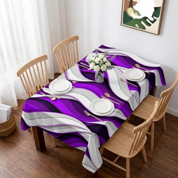 Purple White Moire Table Cloth Waterproof Tablecloths, Modern Abstract Art Tablecloth Dining Table Cover for Kitchen Party Tabletop Outdoor, Rectangle Tablecloth 52x70 Inch