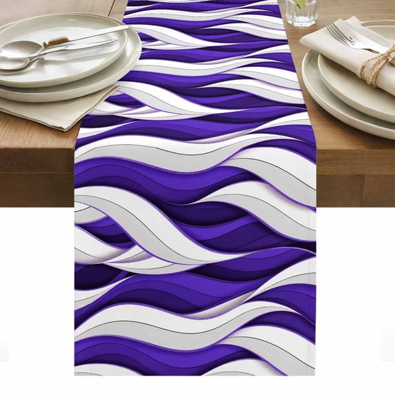 Purple White Moire Table Runner - 60 Inch Long, Kitchen Dining Table Runner Dresser Scarves, Modern Abstract Art Elegant Farmhouse Decor for Coffee Tables Wedding Party Banquet