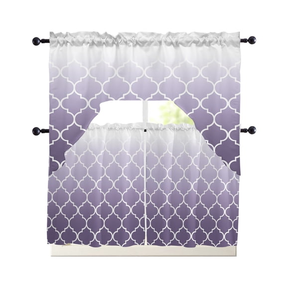 Purple White Ombre Morocco Pattern Kitchen Curtains Set for Windows 3 Piece Cafe Curtains 24 Inch Length Swag Curtains Valances and Tier Set Modern Moroccan Geometric Drapes for Bedroom Bathroom