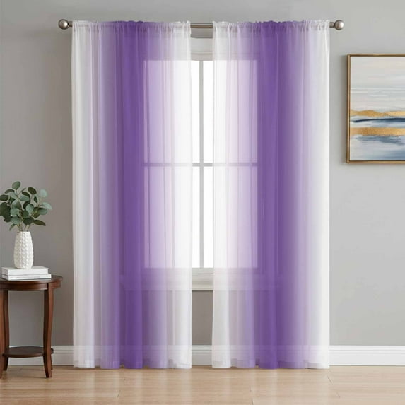 Purple White Ombre Semi Sheer Curtains 84 Inch Length 2 Panels Set, Modern Abstract Art Farmhouse Gradient Sheer Kitchen Curtain Privacy Voile Window Curtain for Living Room Bedroom Rod Pocket Drapes