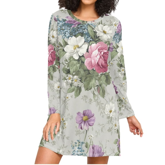 Purple White Pink Florals Vintage Women's Long Sleeves Nightgowns Sleepwear Soft Pajama A-line Sleep Dress L