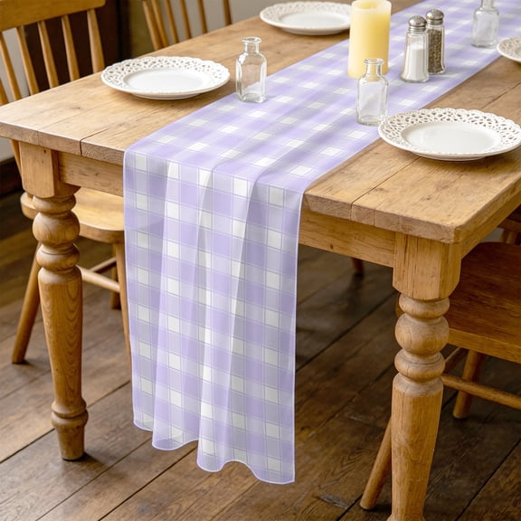 Purple White Plaid 4.5ft Cheesecloth Table Runner for Wedding 19"x55", Farmhouse Rustic Country Checkerboard Pattern Kitchen Dinner Sheer Tulle Chiffon Dresser Scarf, Holiday Party Decorations