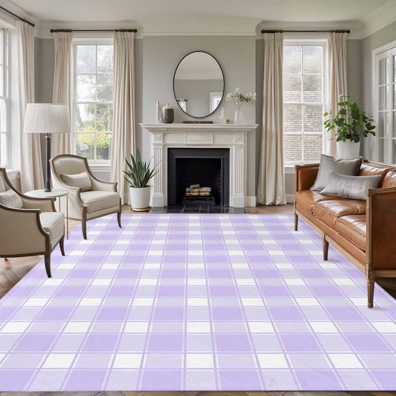 Purple White Plaid 6'x9' Large Area Rugs Farmhouse Rustic Country Checkerboard Pattern Washable Area Rugs Non-Slip Indoor Floor Mats Large Carpet for Living Room Bedroom Dining Room