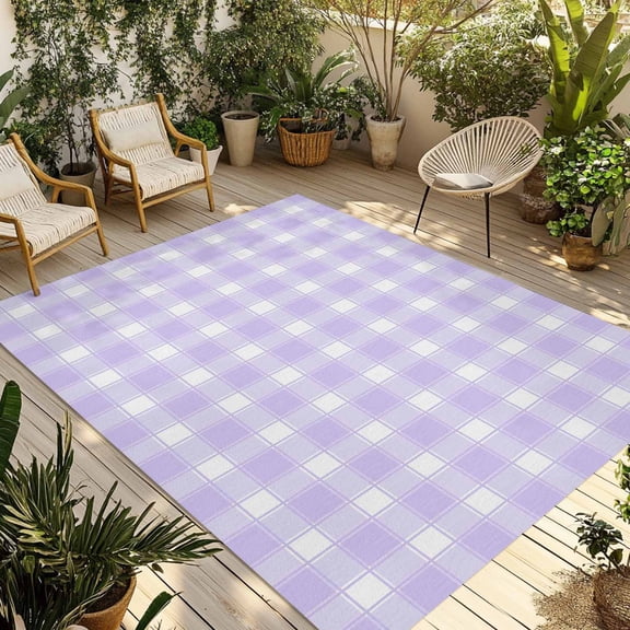 Purple White Plaid Outdoor Rug 3x5 ft Farmhouse Rustic Country Checkerboard Pattern Non Slip Patio Rug Washable Absorbent Large Outdoor Carpet Outside Mat for Porch RV Garden Camping