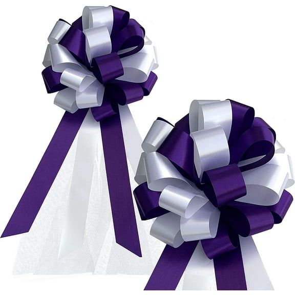 Purple & White Pull Bows with Tulle Tails - 8" Wide, Set of 6, Easter, Wedding Pew Bows