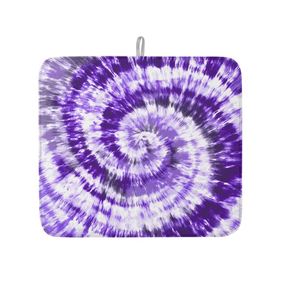 Purple White Spiral Tie Dye Art Dish Drying Mats for Kitchen Counter,Absorbent Microfiber Dish Drainer Rack Mat Ethnic Hippie Pattern Drying Pad for Sinks,Utensils,Countertops,16x18in