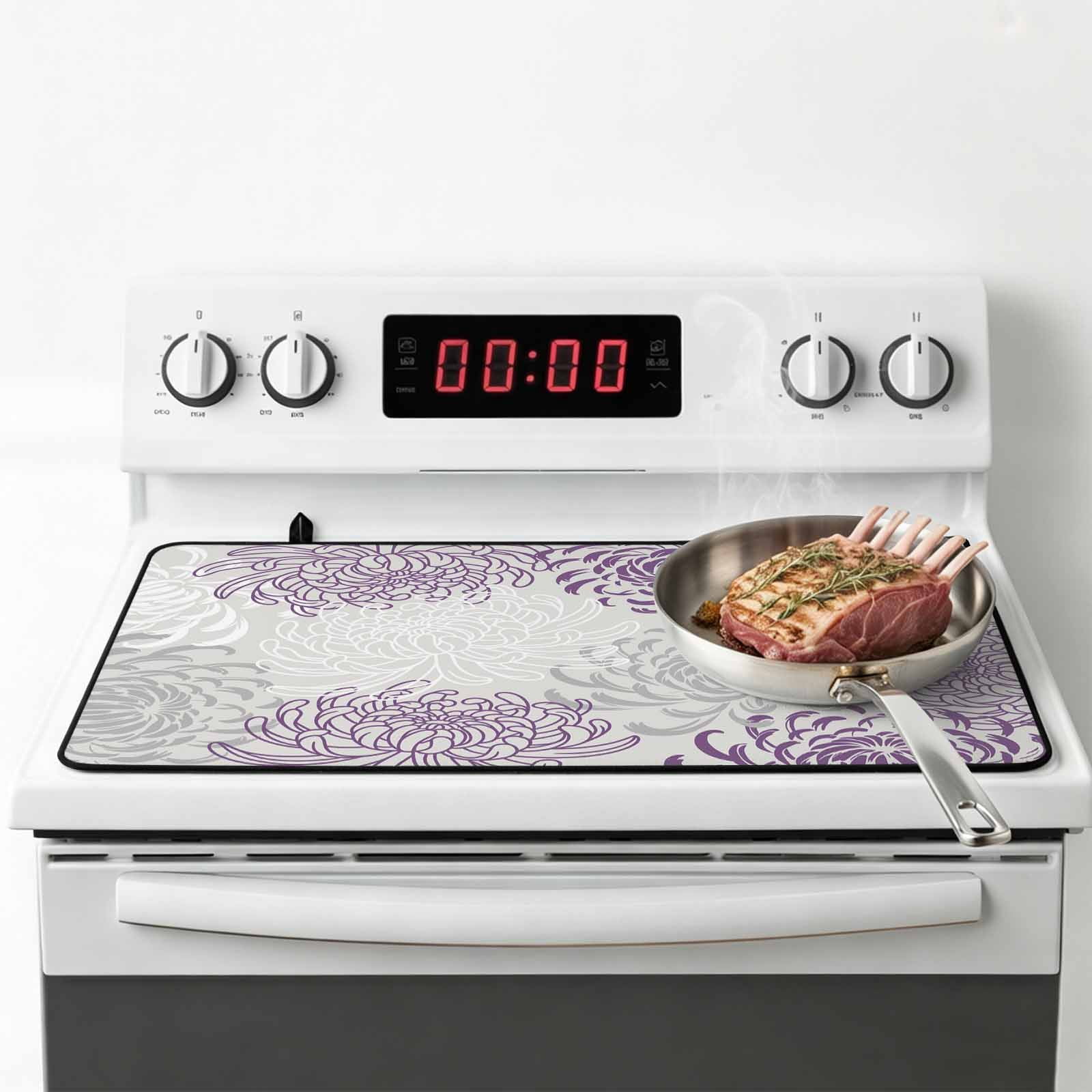 Purple White Stove Top Cover for Electric Stove, Heat-proof & Non Slip Glass Top Stove Cover Protector, Abstract Grey Chrysanthemum Flower Floral Kitchen Flat Cooktop Rubber Mat 28.5x20.5 Inches