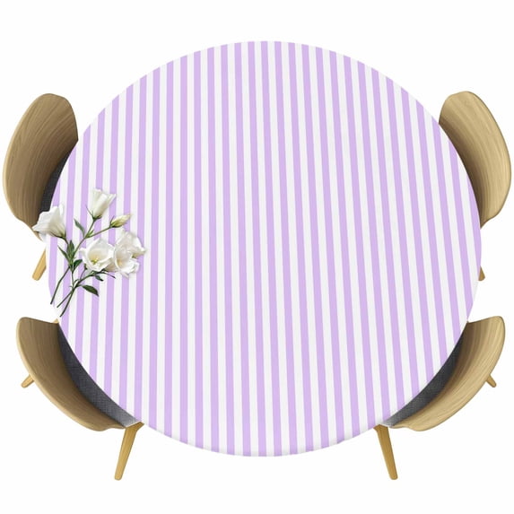 Purple White Stripe Round Tablecloth, Fitted Table Cover with Elastic for 36"-44" Round Tables, Modern Minimalist Geometric Striped Table Cloth Outdoor Indoor Dinning Party Waterproof Tablecloths