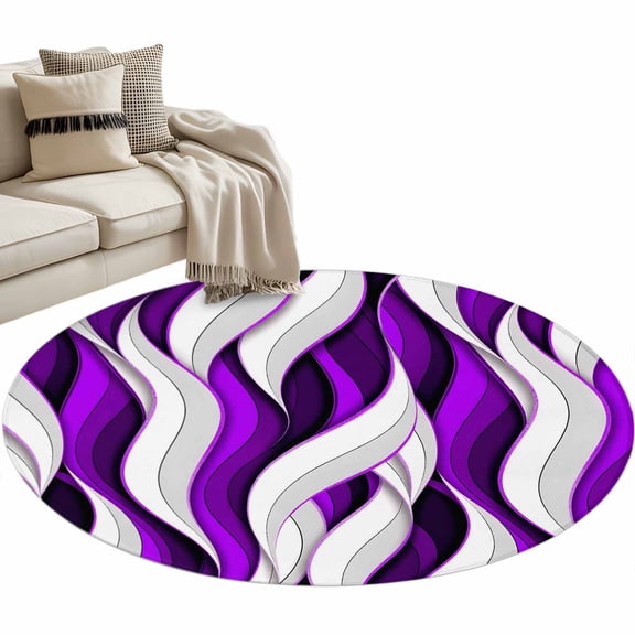 Purple White Stripes Area Rug, Abstract Geometric Aesthetic Striped Washable Large Circle Carpet, Non Slip Round Rug for Living Room/Bedroom/Dining Room/Home Office/Dorm