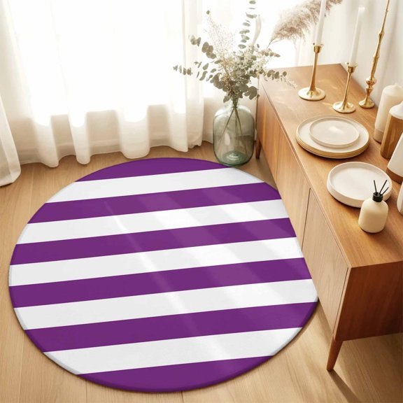 Purple and White Stripes Pattern Round Area Rug 3ft,Living Room Rug Non-Slip Washable Circle Rugs Pad,Modern Horizontal Stripes Soft Floor Carpet for Bedroom Dining Room
